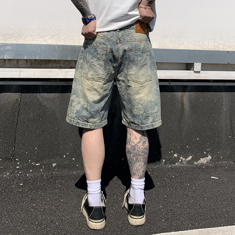 夏季美式潮牌水洗提花牛仔短褲男直筒五分褲潮流中褲