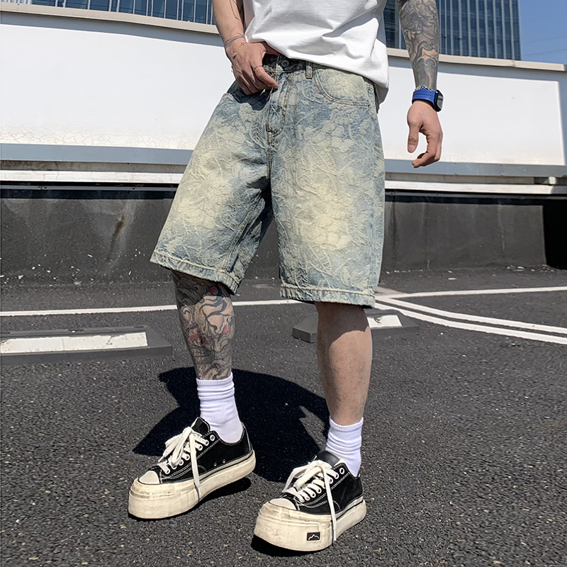 夏季美式潮牌水洗提花牛仔短褲男直筒五分褲潮流中褲