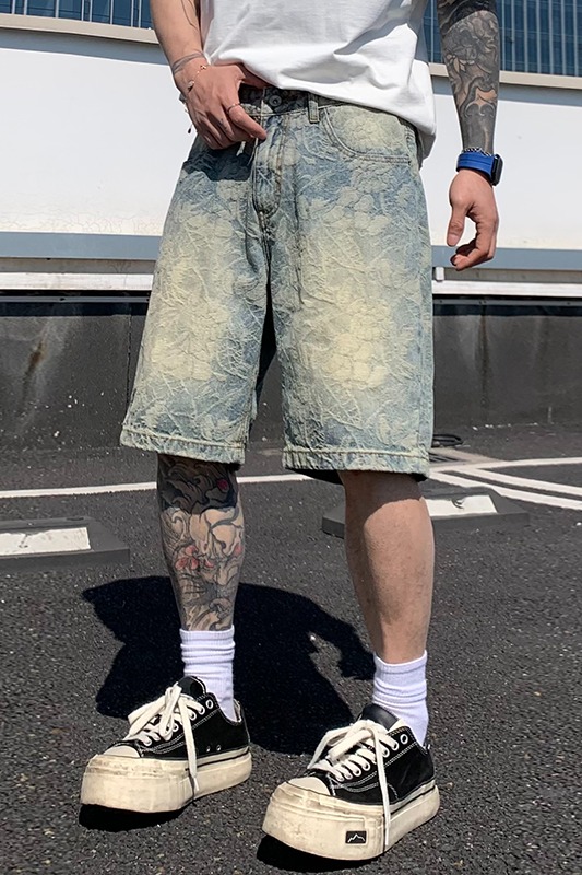 夏季美式潮牌水洗提花牛仔短褲男直筒五分褲潮流中褲
