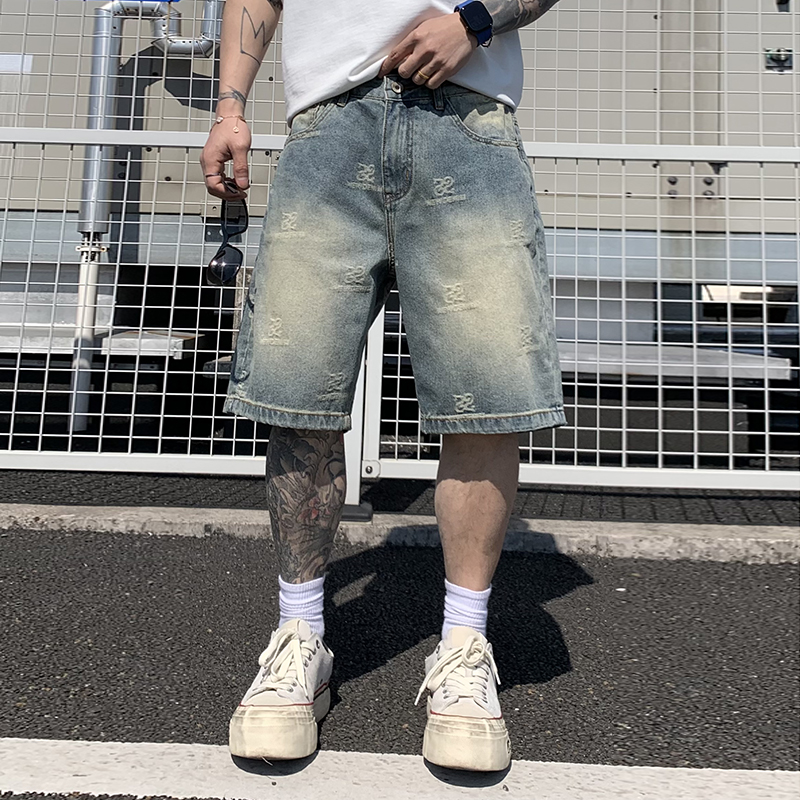 輕奢雙蛇扣中國風重工提花牛仔短褲男夏季寬松百搭大碼五分中褲
