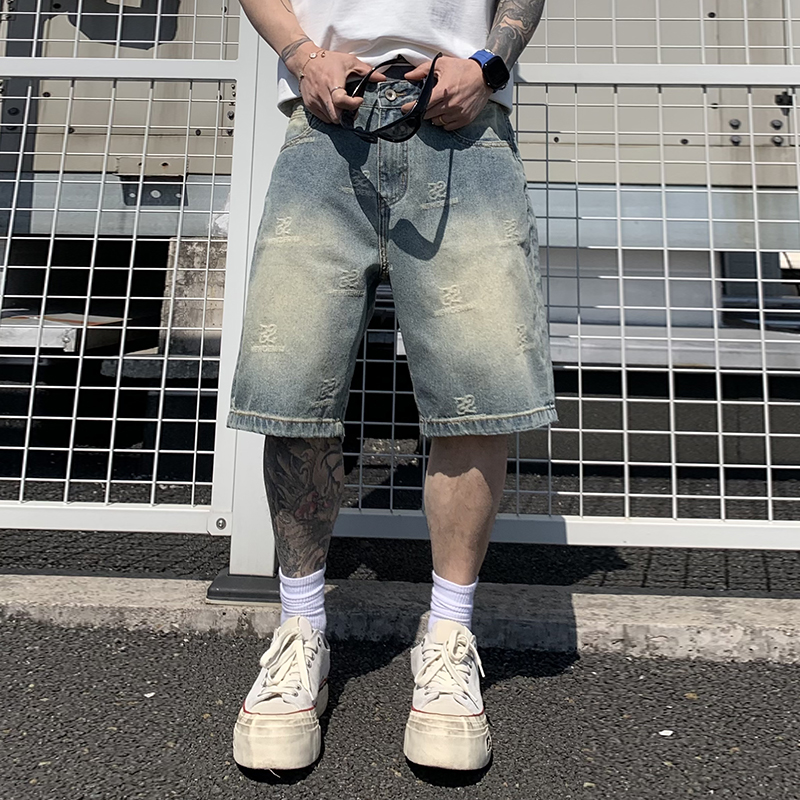 輕奢雙蛇扣中國風重工提花牛仔短褲男夏季寬松百搭大碼五分中褲