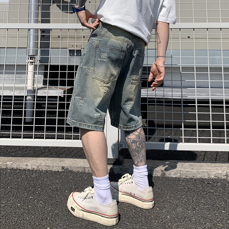 輕奢雙蛇扣中國風重工提花牛仔短褲男夏季寬松百搭大碼五分中褲