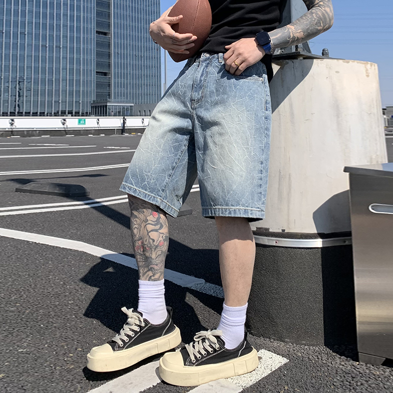 美式潮牌高街復古水洗爆裂紋牛仔短褲男夏季百搭寬松大碼五分褲子