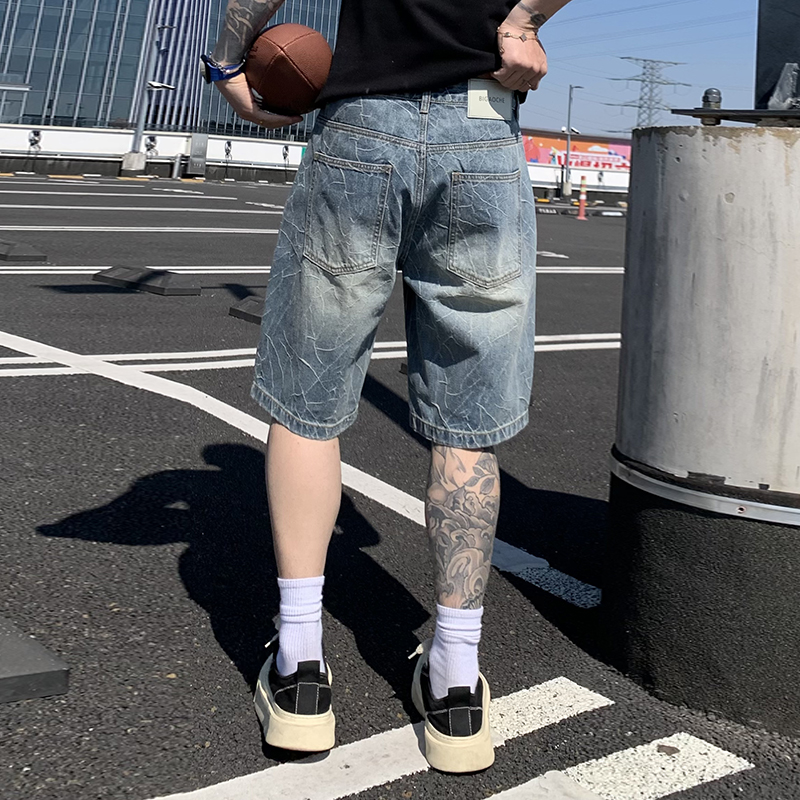 美式潮牌高街復古水洗爆裂紋牛仔短褲男夏季百搭寬松大碼五分褲子