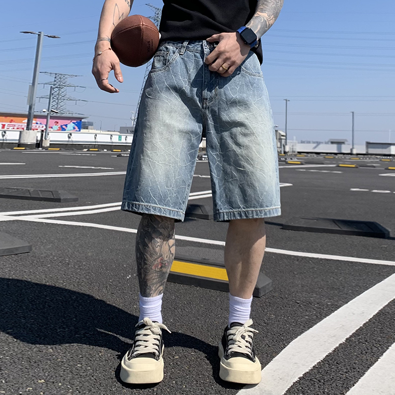 美式潮牌高街復古水洗爆裂紋牛仔短褲男夏季百搭寬松大碼五分褲子
