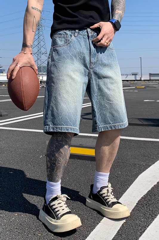 美式潮牌高街復古水洗爆裂紋牛仔短褲男夏季百搭寬松大碼五分褲子