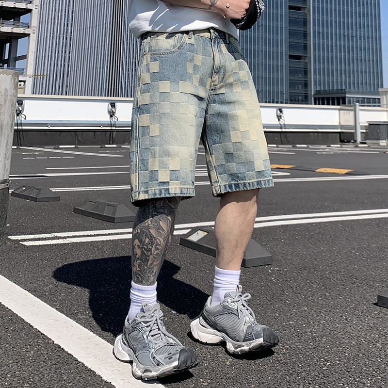 夏季新款美式高街潮牌格子提花牛仔五分褲男士寬松百搭直筒褲