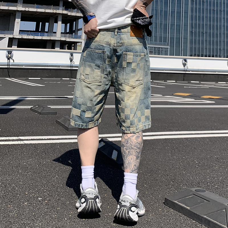 夏季新款美式高街潮牌格子提花牛仔五分褲男士寬松百搭直筒褲