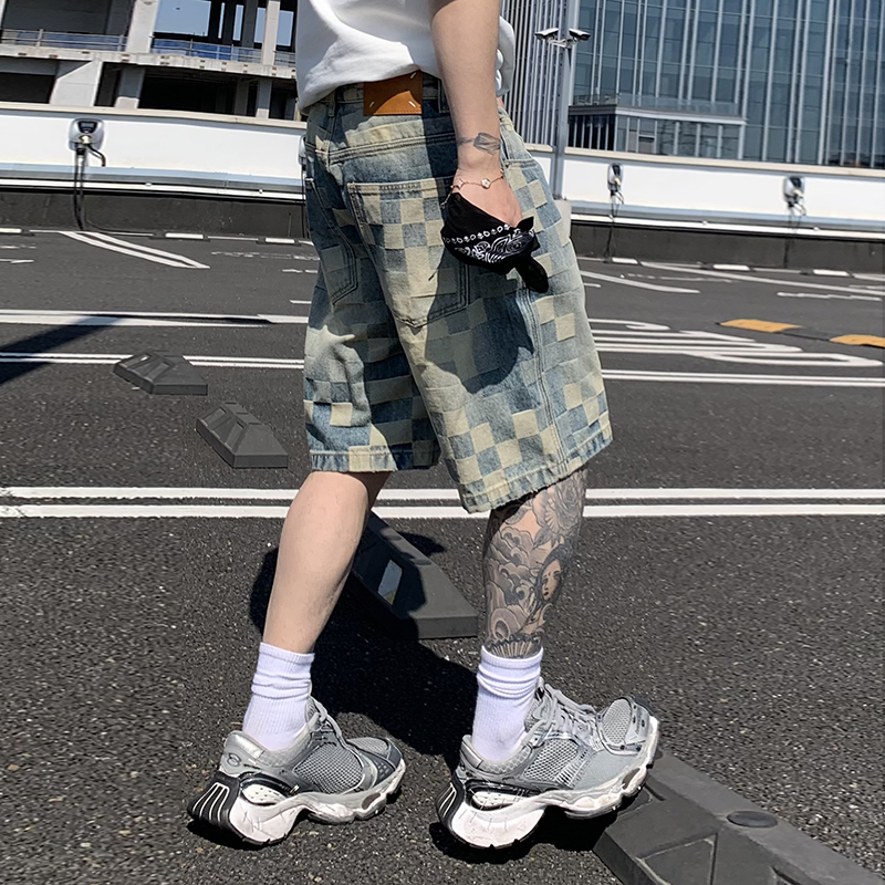 夏季新款美式高街潮牌格子提花牛仔五分褲男士寬松百搭直筒褲