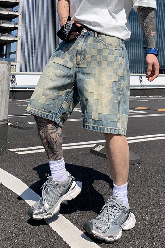 夏季新款美式高街潮牌格子提花牛仔五分褲男士寬松百搭直筒褲