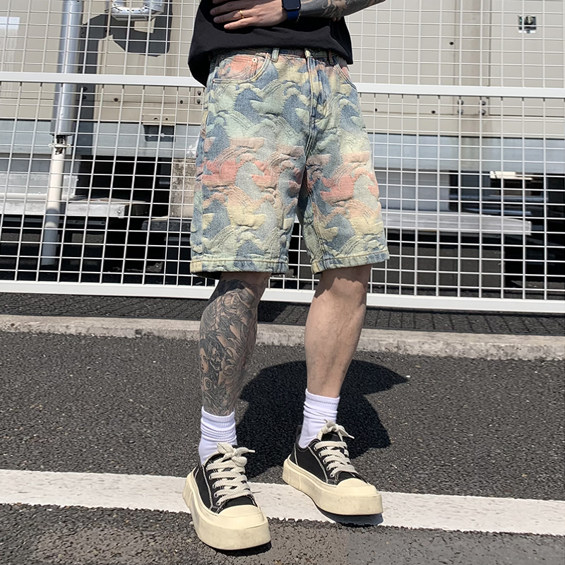 夏季新款美式高街潮牌五彩提花五分褲男個性痞帥牛仔中褲
