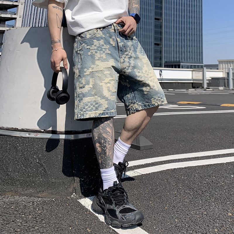 復古提花潮牌牛仔五分褲男美式高街闊腿痞帥男生休閑褲子