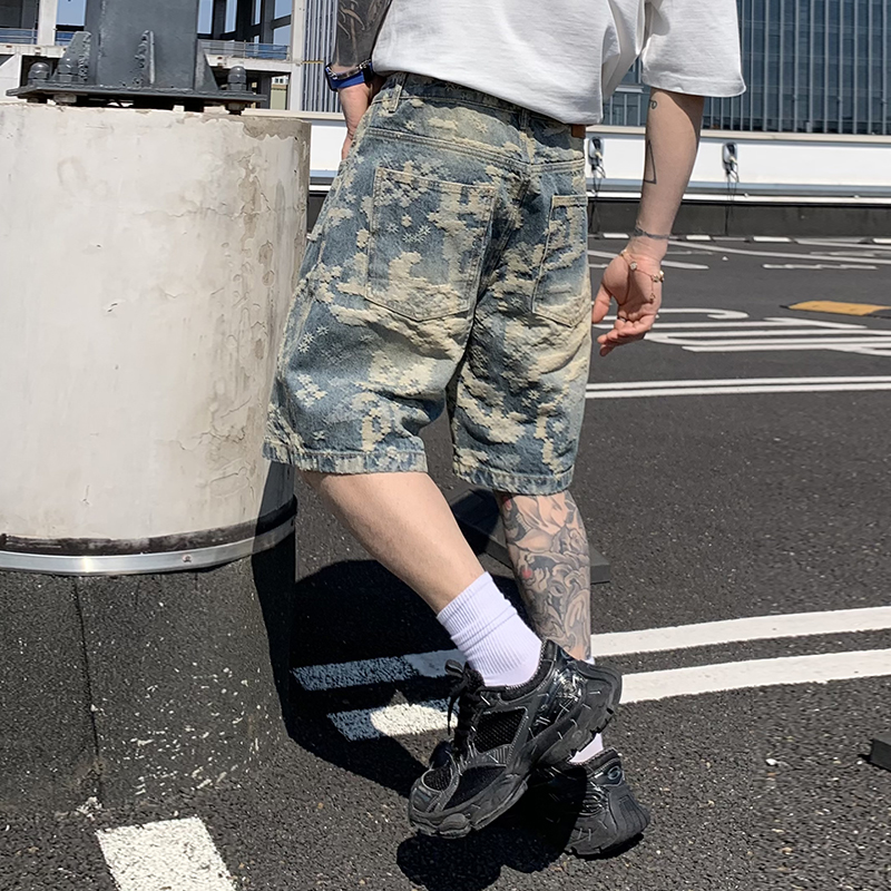 復古提花潮牌牛仔五分褲男美式高街闊腿痞帥男生休閑褲子