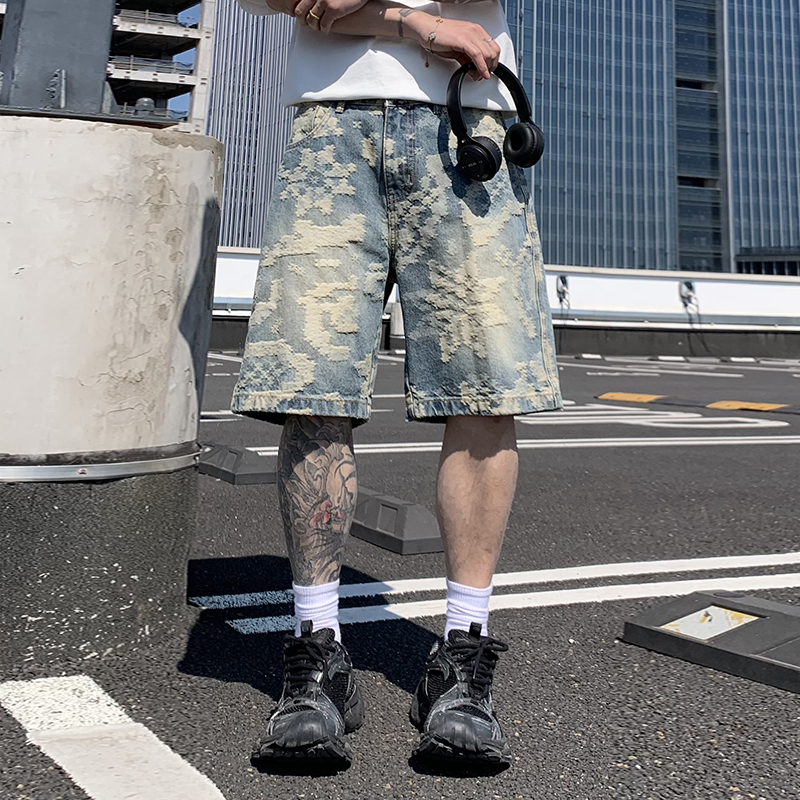 復古提花潮牌牛仔五分褲男美式高街闊腿痞帥男生休閑褲子