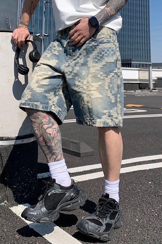 復古提花潮牌牛仔五分褲男美式高街闊腿痞帥男生休閑褲子