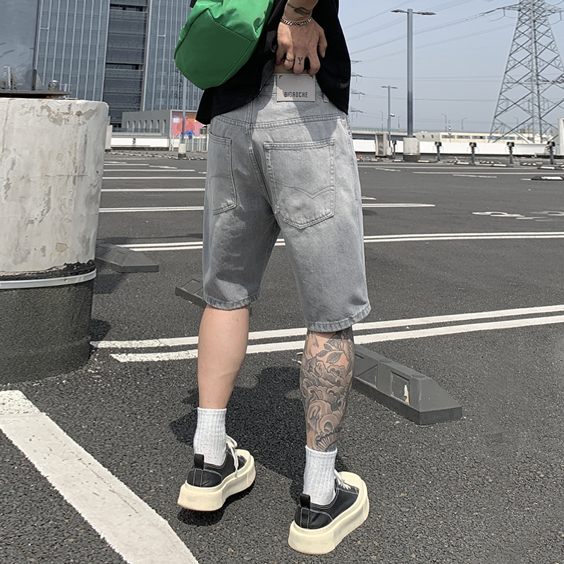 天空灰高級水洗牛仔褲短褲男潮牌感直筒寬松休閑五分中褲