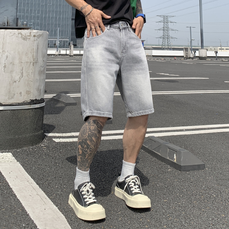 天空灰高級水洗牛仔褲短褲男潮牌感直筒寬松休閑五分中褲