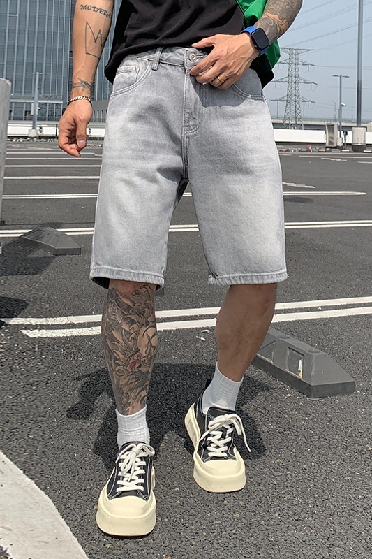 天空灰高級水洗牛仔褲短褲男潮牌感直筒寬松休閑五分中褲