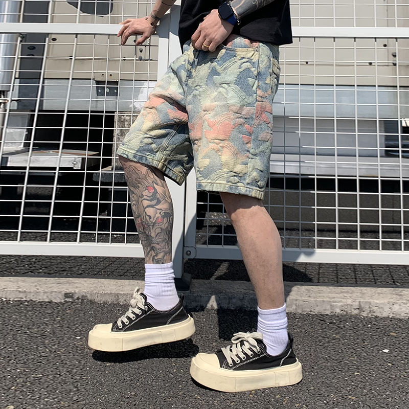 夏季新款美式高街潮牌五彩提花五分褲男個性痞帥牛仔中褲