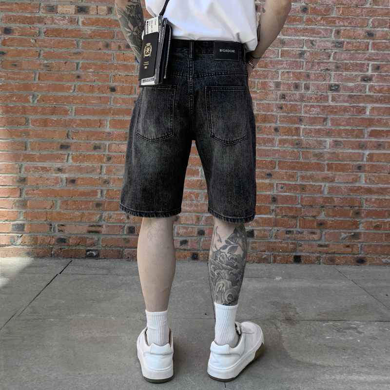 夏季黑色破洞牛仔短褲男潮流美式水洗做舊無彈寬松五分褲