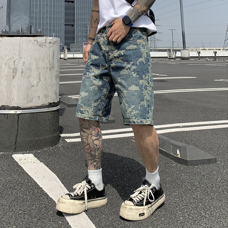 夏季美式潮牌高級感水洗提花牛仔短褲男士直筒五分褲潮流中褲