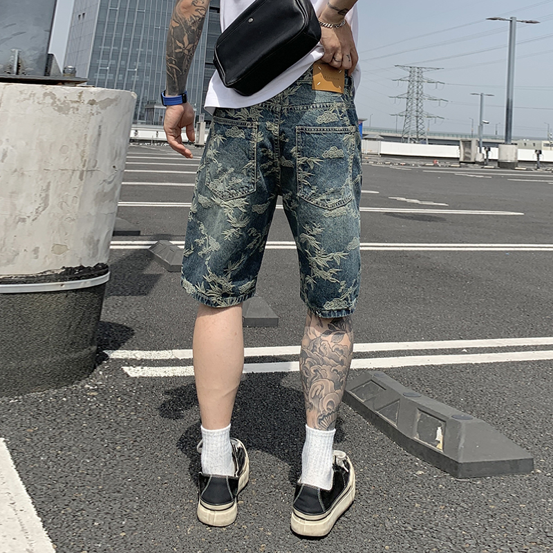 夏季美式潮牌高級感水洗提花牛仔短褲男士直筒五分褲潮流中褲