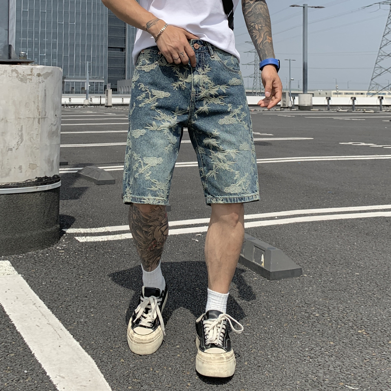 夏季美式潮牌高級感水洗提花牛仔短褲男士直筒五分褲潮流中褲