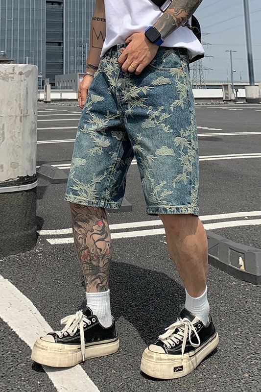 夏季美式潮牌高級感水洗提花牛仔短褲男士直筒五分褲潮流中褲
