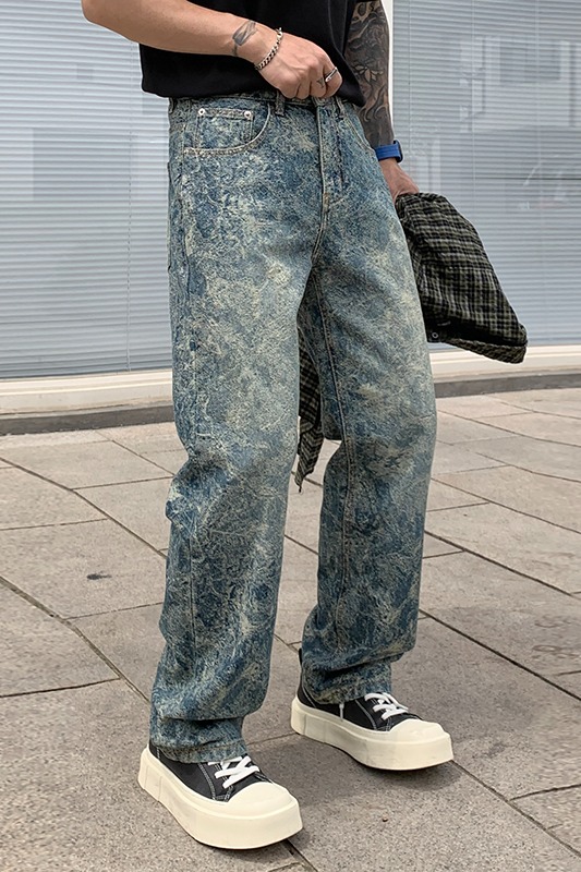 2025春夏新款水洗做舊花色街頭痞帥牛仔褲男寬松百搭直筒長褲