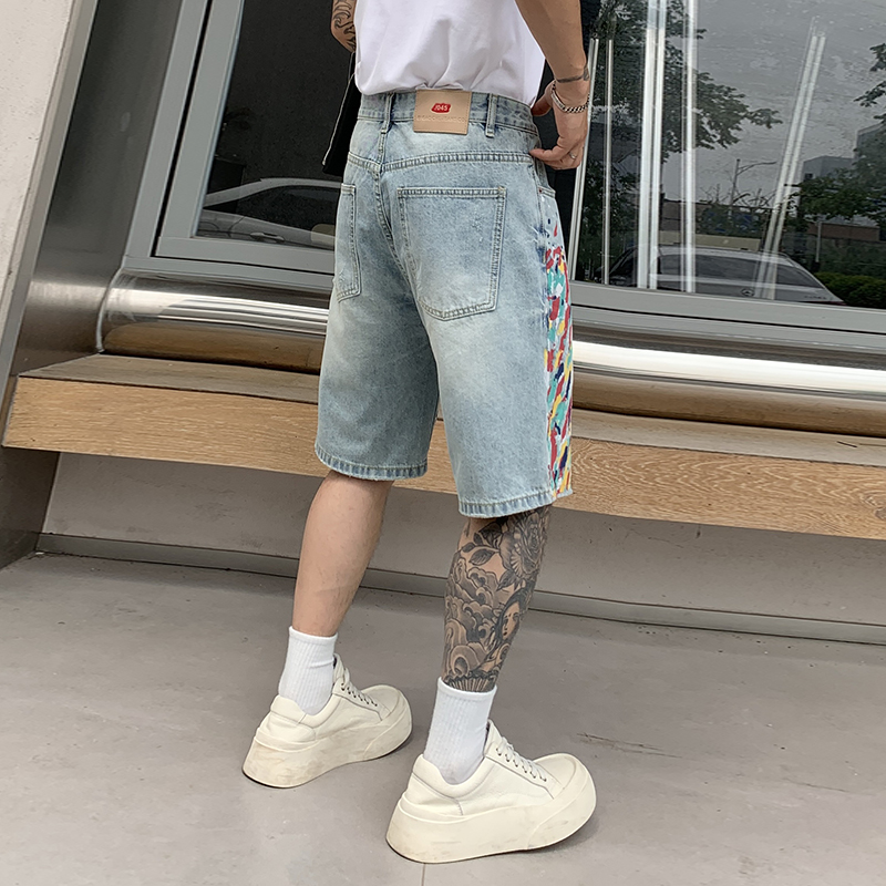 潮牌漆點牛仔短褲男時尚個性彩色潑墨美式復古痞帥五分褲