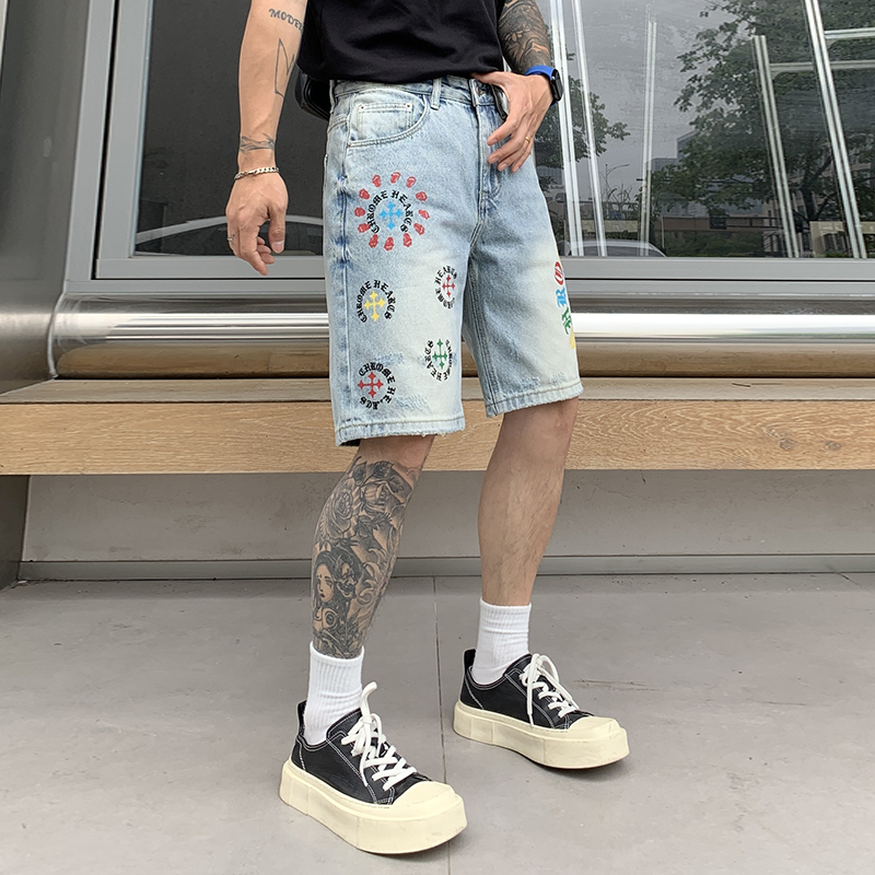 夏季潮牌印花直筒牛仔五分褲男復古水洗寬松痞帥休閑中褲