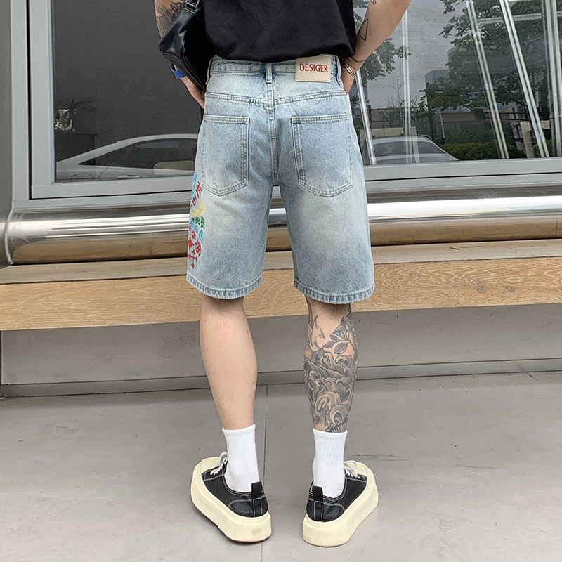 夏季潮牌印花直筒牛仔五分褲男復古水洗寬松痞帥休閑中褲