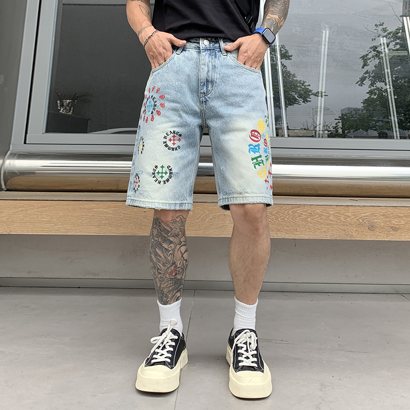 夏季潮牌印花直筒牛仔五分褲男復古水洗寬松痞帥休閑中褲