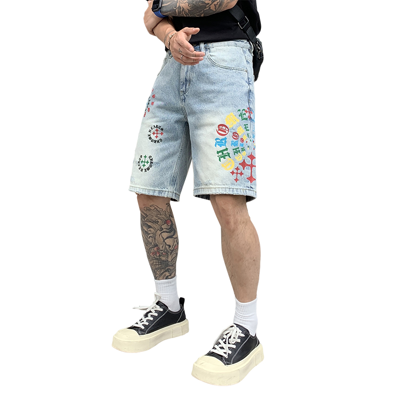 夏季潮牌印花直筒牛仔五分褲男復古水洗寬松痞帥休閑中褲