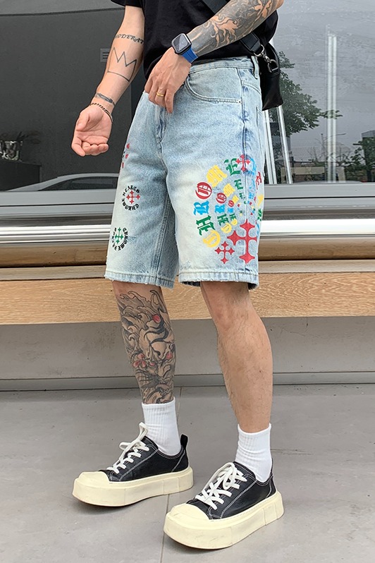 夏季潮牌印花直筒牛仔五分褲男復古水洗寬松痞帥休閑中褲