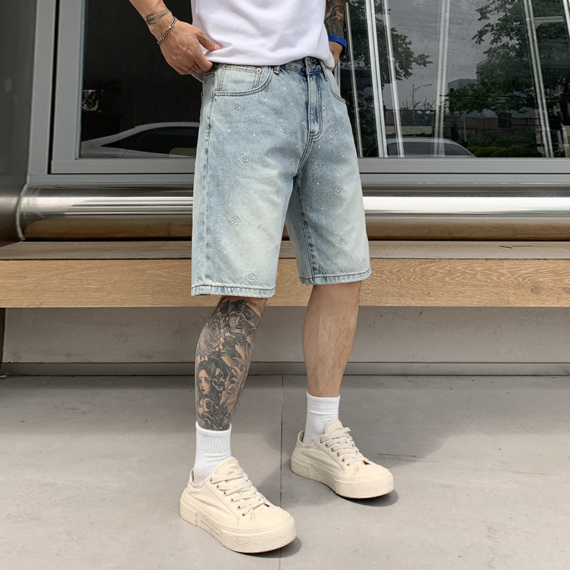 夏季潮牌刺繡牛仔短褲新款時尚潮流百搭寬松水洗休閑褲男
