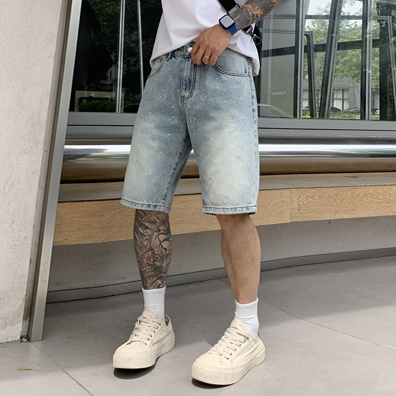 夏季潮牌刺繡牛仔短褲新款時尚潮流百搭寬松水洗休閑褲男