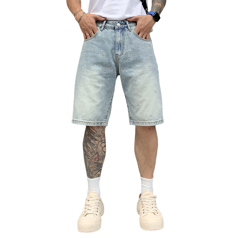 夏季潮牌刺繡牛仔短褲新款時尚潮流百搭寬松水洗休閑褲男