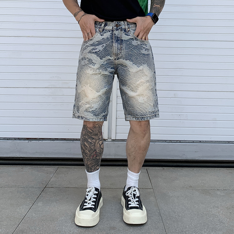 美式復古潮牌提花牛仔短褲男痞帥夏季薄款高級感五分中褲