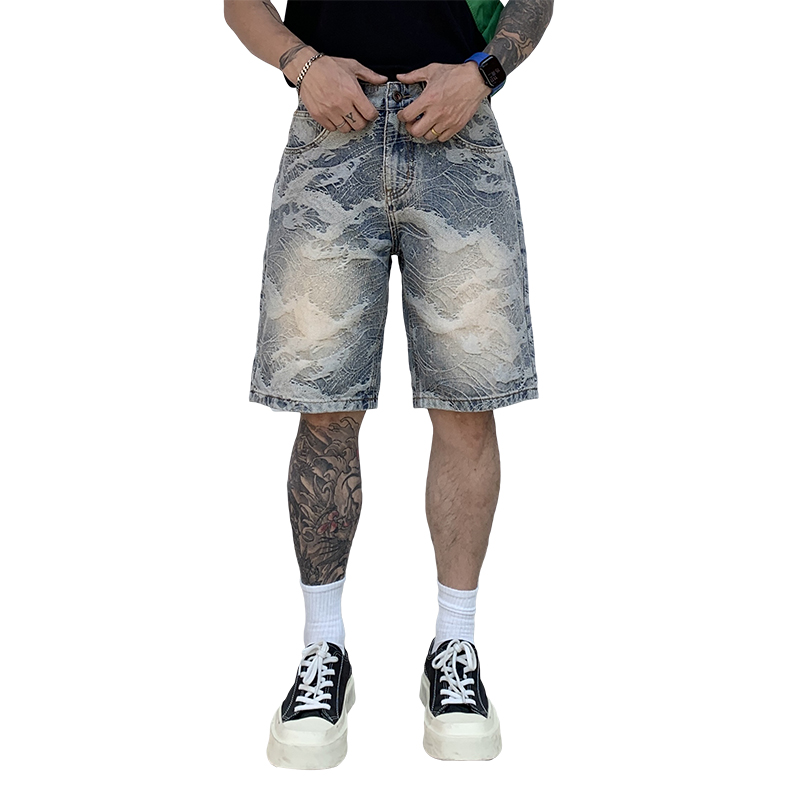 美式復古潮牌提花牛仔短褲男痞帥夏季薄款高級感五分中褲