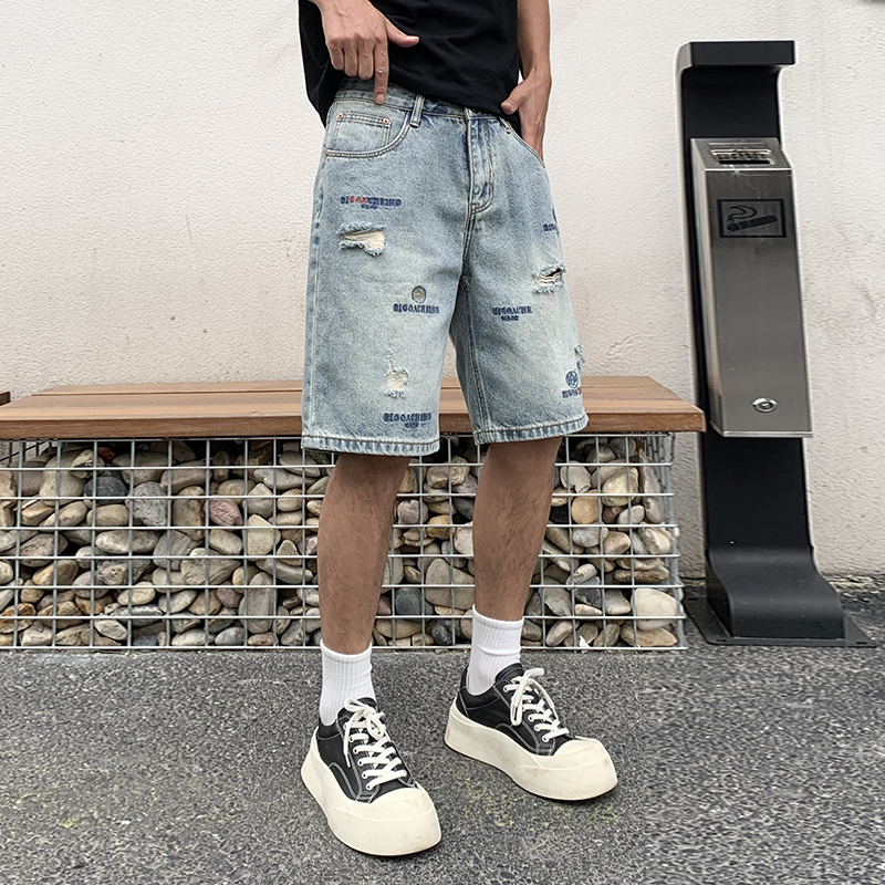 美式破洞刺繡牛仔短褲男寬松潮牌痞帥中褲夏季薄款五分褲