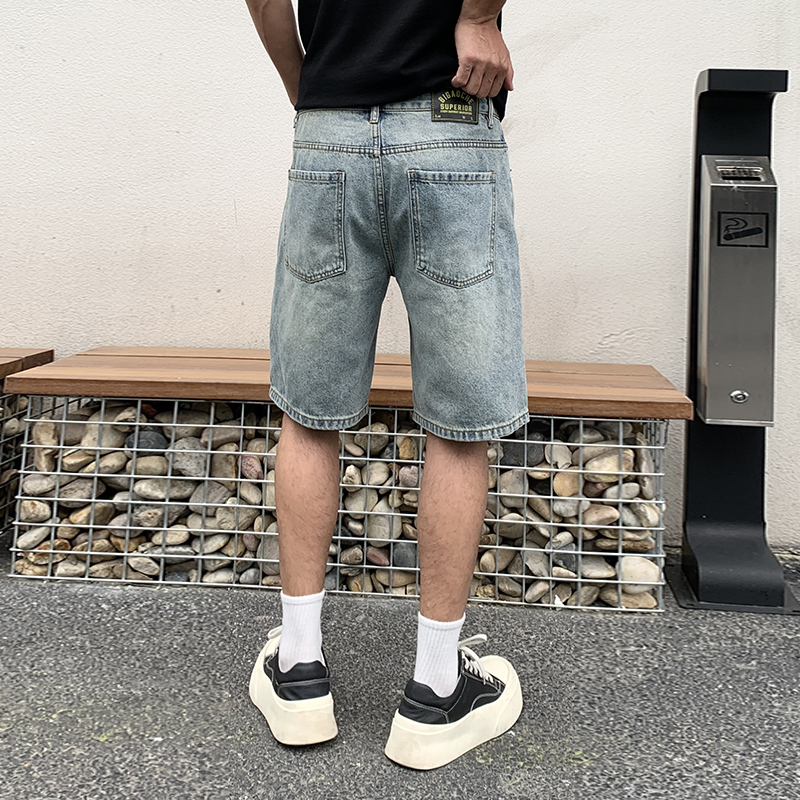 美式破洞刺繡牛仔短褲男寬松潮牌痞帥中褲夏季薄款五分褲