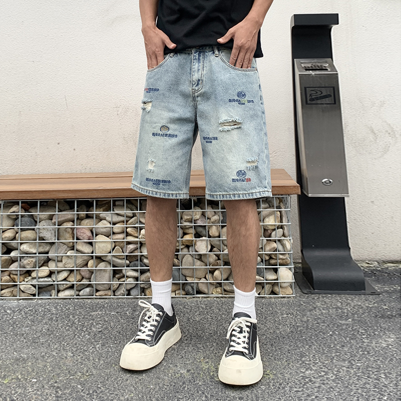 美式破洞刺繡牛仔短褲男寬松潮牌痞帥中褲夏季薄款五分褲