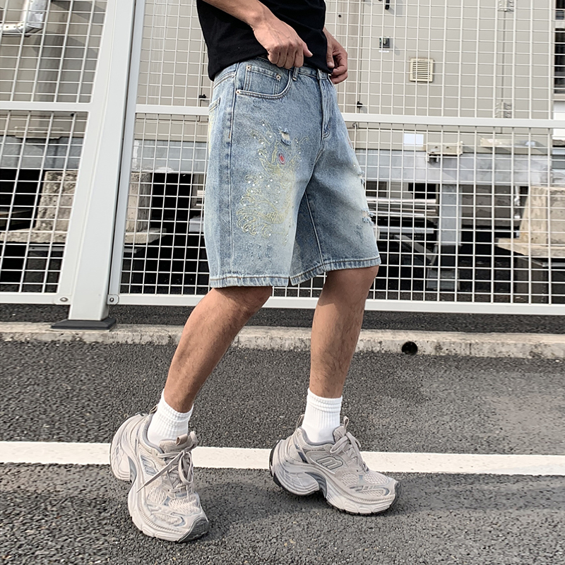 夏季新款中國風刺繡潮流帥氣燙鉆牛仔短褲男士寬松休閑五分褲
