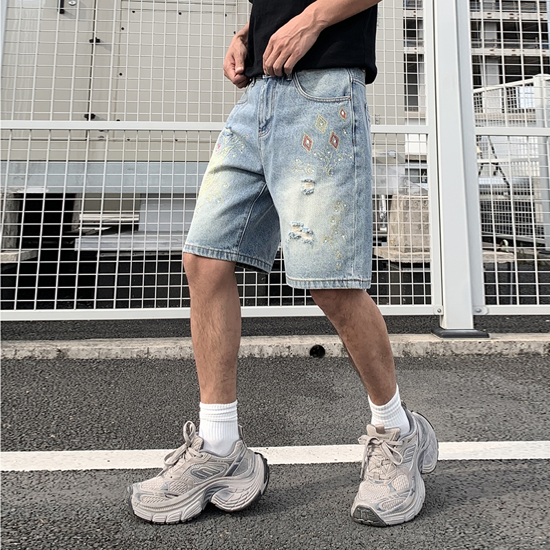 夏季新款中國風刺繡潮流帥氣燙鉆牛仔短褲男士寬松休閑五分褲