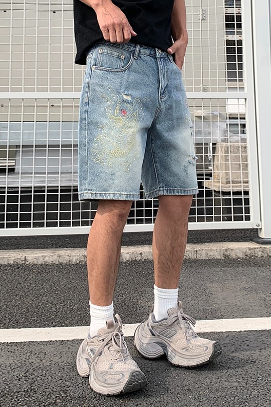 夏季新款中國風刺繡潮流帥氣燙鉆牛仔短褲男士寬松休閑五分褲