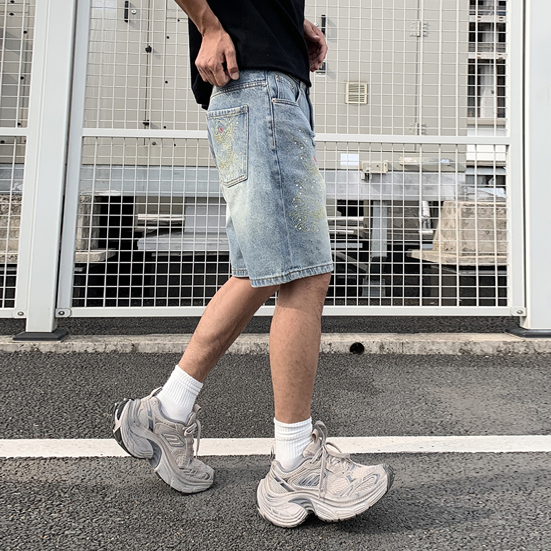 夏季新款中國風刺繡潮流帥氣燙鉆牛仔短褲男士寬松休閑五分褲