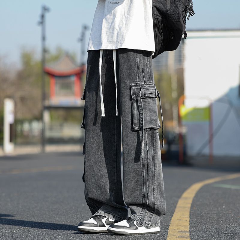 2025新款沒是高街工裝百搭牛仔褲松緊腰垂感百搭闊腿褲長褲子