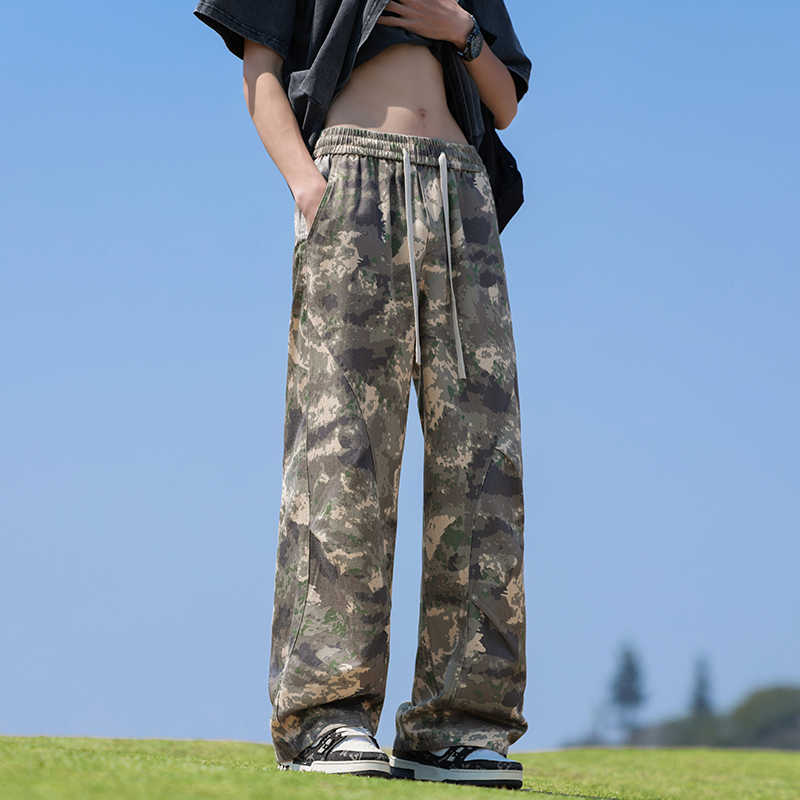 夏季新款迷彩休閑褲男薄款萊賽爾涼感寬松直筒松緊腰褲子