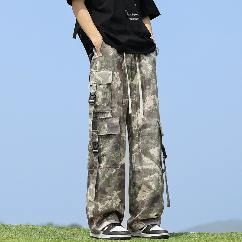 夏季新款迷彩工裝休閑褲男萊賽爾涼感順滑面料寬松直筒松緊腰